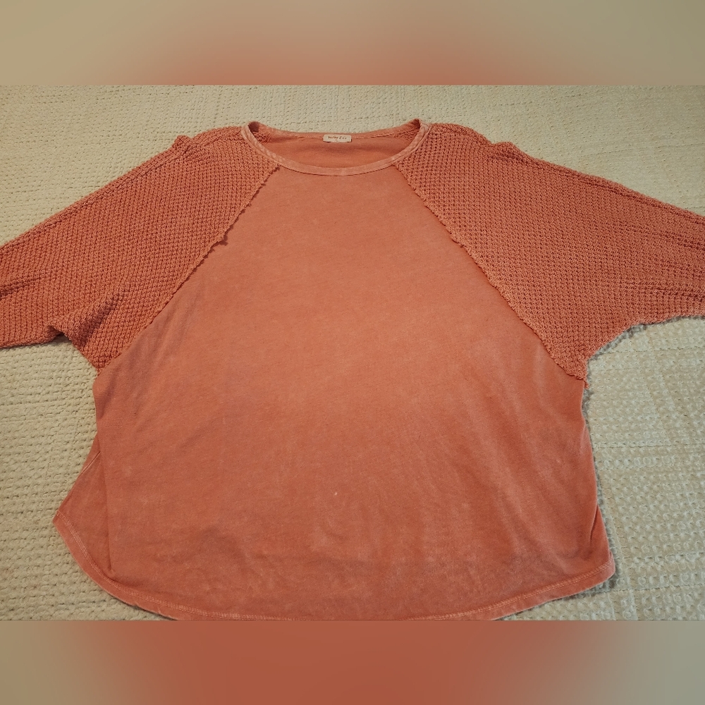 Hailey & Co Women’s Waffle Weave Knit Top Peach 1X Lace Trim Soft Girl Boho